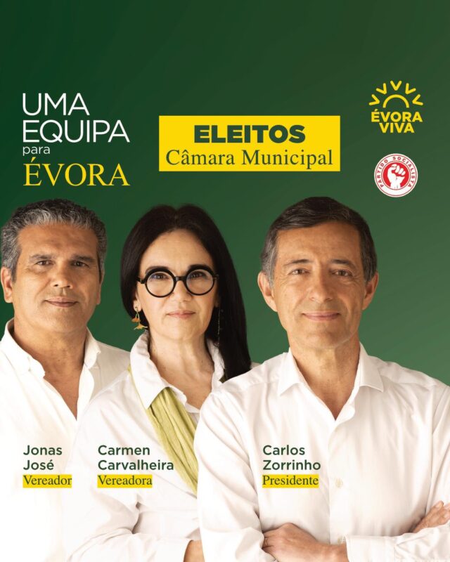 A EQUIPA PARA ÉVORA,
AO SERVIÇO DE TODOS.
PREPARADOS PARA SERVIR.
​
APRESENTAMOS a equipa eleita que, com a vossa confiança, irá liderar os destinos da Câmara Municipal de Évora: o Presidente CARLOS ZORRINHO, a Vereadora CARMEN CARVALHEIRA e o Vereador JERÓNIMO ‘JONAS’ JOSÉ.
​
A PROMESSA de #UmaEquipaParaÉvora é agora uma realidade, pronta para servir o nosso concelho com a energia, a competência e a proximidade que sempre defendemos.
​
A CAMPANHA terminou. O nosso compromisso começa agora. Governaremos para todos, com um plano claro e com as portas abertas ao diálogo, para construir uma #ÉvoraViva.
​
Obrigado, mais uma vez, pela vossa confiança.
#PreparadosParaServir #JuntosPorÉvora #CarlosZorrinho #oPresidenteParaÉvora